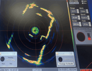 SONAR scan illustrating the dimensions and structural integrity of two mine shaft compartments. 