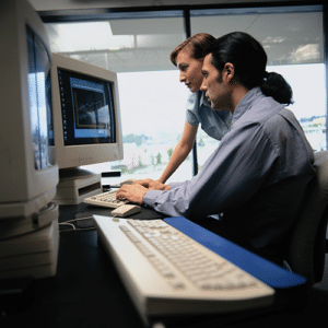 two people working on a computer together